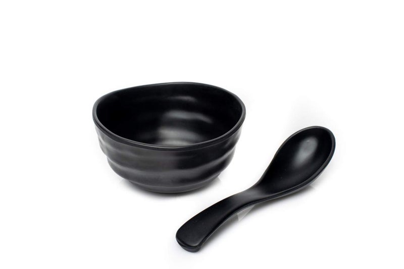 PRIZMA Dining Serving Soup Melamine Solid Matte Style 6 Soup Bowl & 6 Spoon, Black, Set of 6 Combo - Image 4