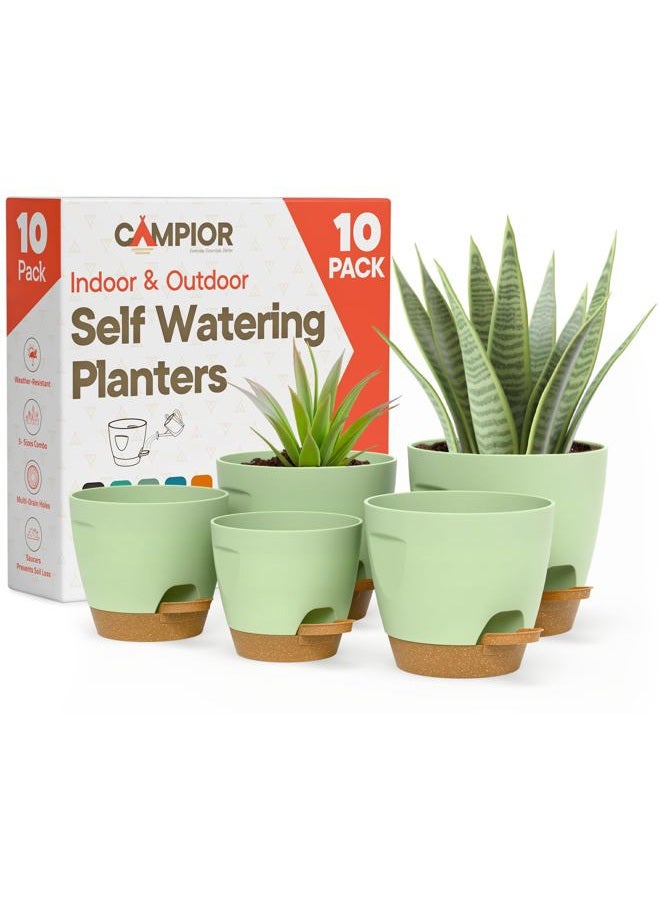 Campior Self-Watering Planters - 5 Size Indoor and Outdoor Plant Pots with Drainage Holes and Wick Rope, Plastic Pot for Succulents, Flowers, and Plants, (7”,6.5”,6”,5.5”,5” Inches), Pack of 10, Green - Image 1