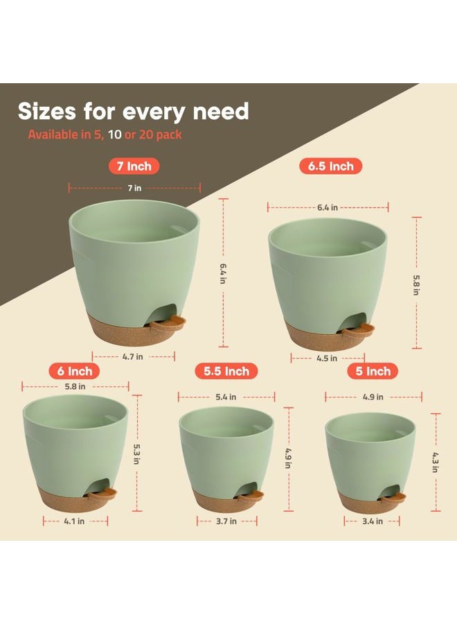 Campior Self-Watering Planters - 5 Size Indoor and Outdoor Plant Pots with Drainage Holes and Wick Rope, Plastic Pot for Succulents, Flowers, and Plants, (7”,6.5”,6”,5.5”,5” Inches), Pack of 10, Green - Image 2