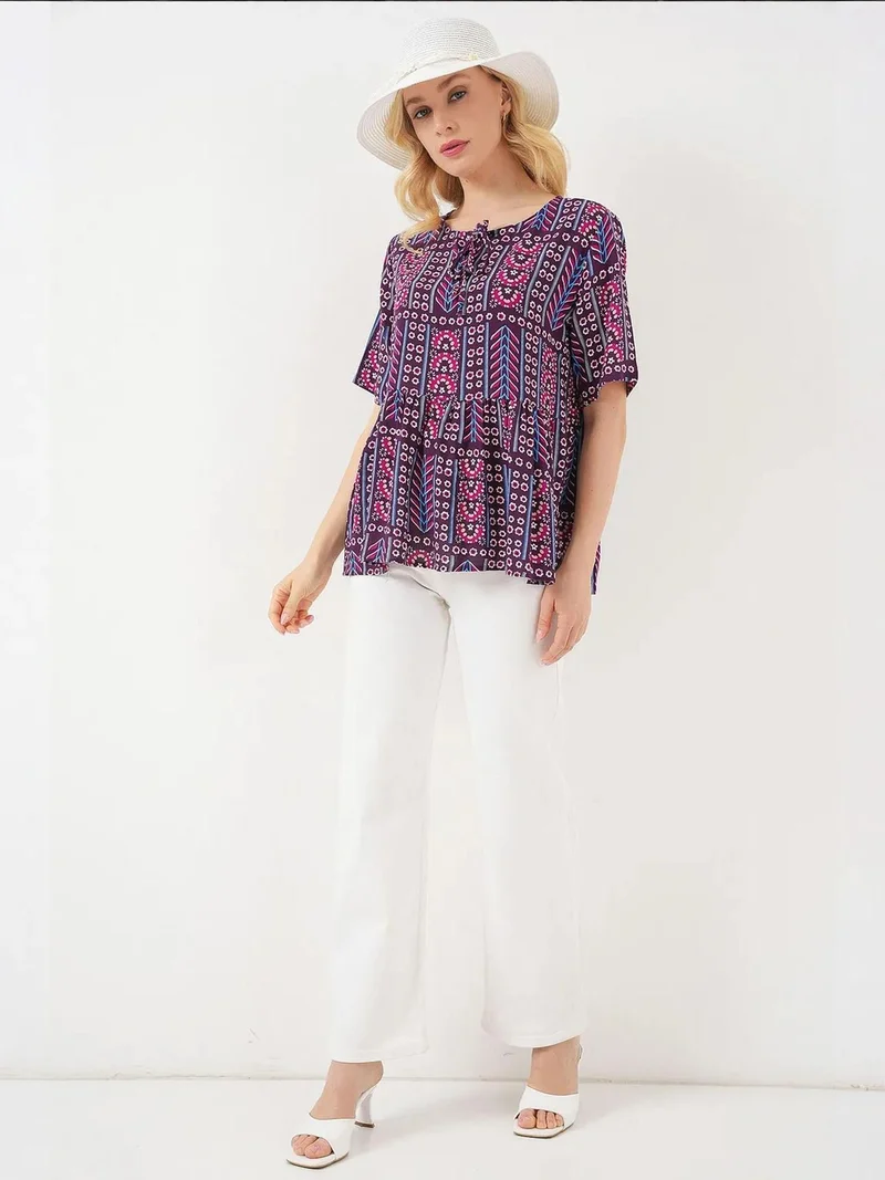 BIG DART BDART Patterned Crew Neck Blouse with Bow Detail