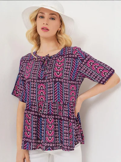 BIG DART BDART Patterned Crew Neck Blouse with Bow Detail