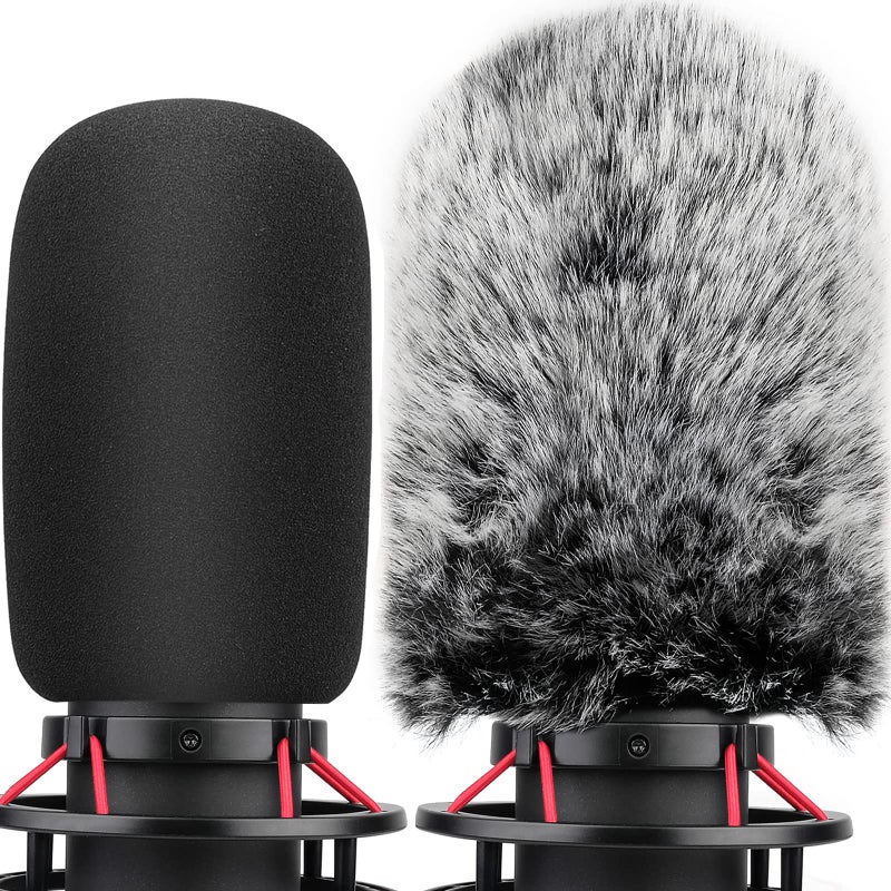 ChromLives Pop Filter for Hyperx Quadcast s, Mic Foam Cover+Furry Wind Muff Compatible with Hyperx Quadcast s Microphone Pop Filter Windscreen Cover for Indoor/Outdoor Use,Combo 2Pack - Image 1