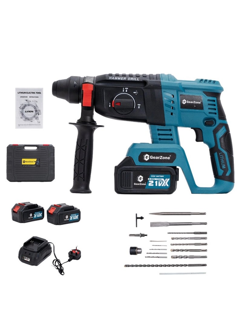 GearZone Cordless Electric Hammer Drill, 21V High Power, With 17pcs Accessories Bit Set, for Concrete & Wood Drilling, With Two Lithium Batteries-Blue Color  - Image 1