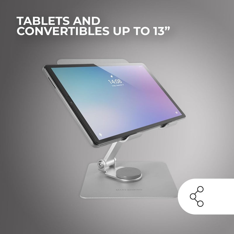 MARS GAMING MA-RST, Tablet and Convertible Stand 2in1 up to 13", Rotatable 360° + Height and Angle Adjustable 180°, Lightweight Steel Foldable Tablet Stand, Anti-slip, Silver Grey - Image 2