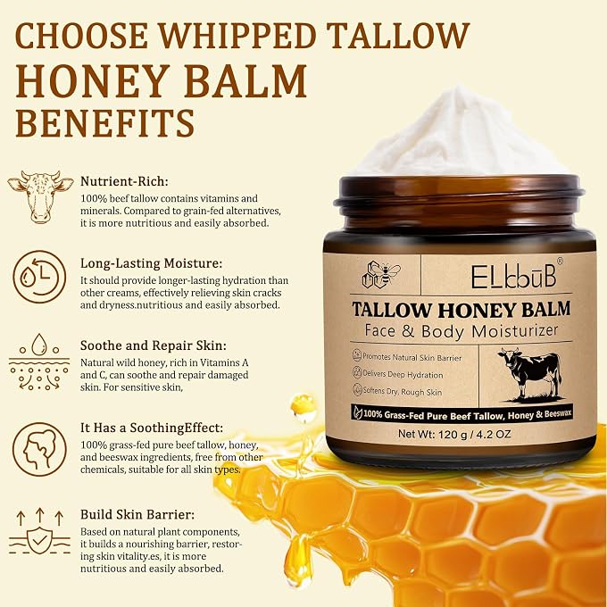 ELBBUB Whipped Tallow Cream for Face & Body - 100% Grass-Fed Beef Tallow, Natural Honey & Beeswax Moisturizer, Deep Hydration & Nourishment, Oil-Free & Unscented, Fast Absorbing - Image 2