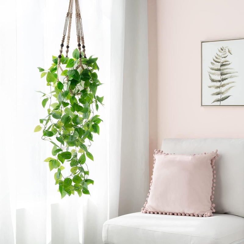 Mkono Fake Hanging Plant with Pot, Artificial Plants for Home Decor Indoor Macrame Plant Hanger with Fake Vines Faux Hanging Planter Greenery for Bedroom Bathroom Kitchen Office Decor, Brown (Pothos) - Image 3