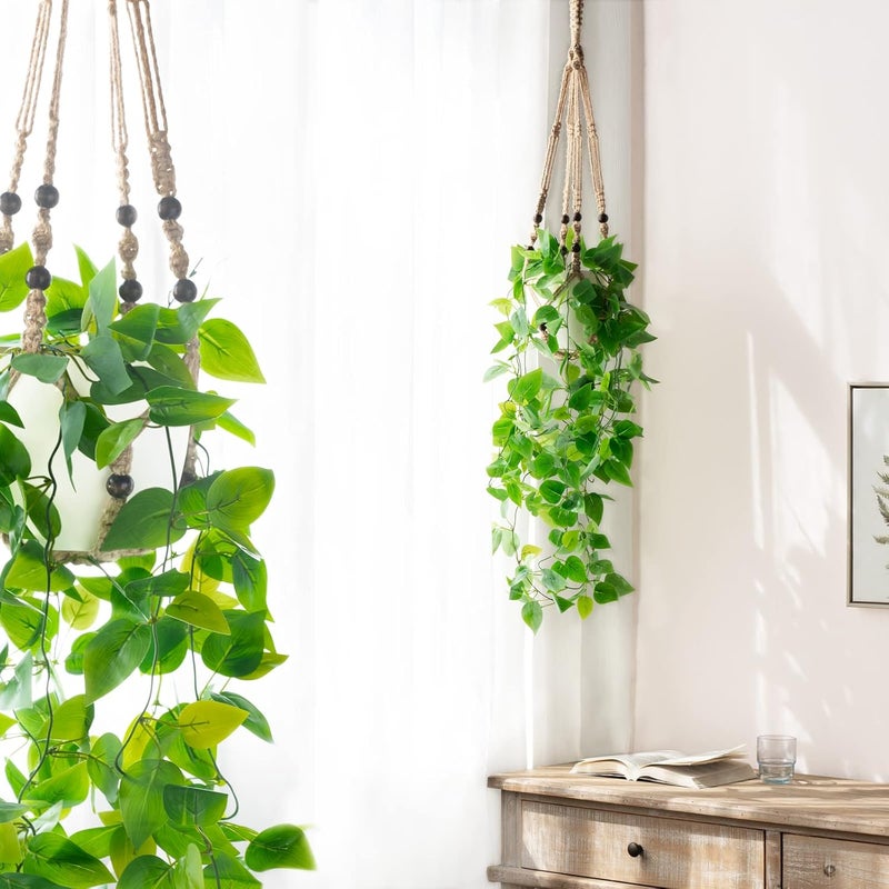 Mkono Fake Hanging Plant with Pot, Artificial Plants for Home Decor Indoor Macrame Plant Hanger with Fake Vines Faux Hanging Planter Greenery for Bedroom Bathroom Kitchen Office Decor, Brown (Pothos) - Image 1
