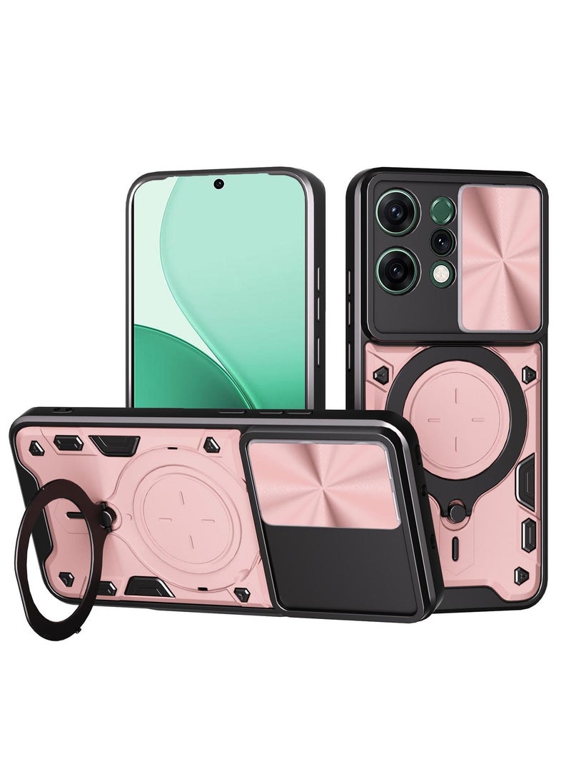 Case Cover Shockproof CD Protective Case with Camera Protection and Metal Ring Compatible with Oppo Reno 14 (Rose Gold)