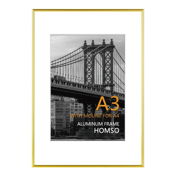 A3 FRAME IN GOLD METAL THIN BOARD A3 PICTURE FRAME WITH ACRYLIC PLEXIGLASS FOR PICTURES A4 WITH MAT OR 117 X 165 WITHOUT MAT FOR HORIZONTAL AND VERTICAL
