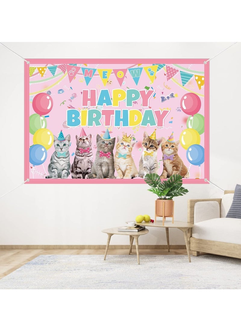 كابتن تيك Cat Happy Birthday Backdrop Kitten Photography Background Pet Paw Cat Theme Party Photo Backdrop Birthday Party Decorations for Cat Owner Children Kids Cake Table Decorations - Image 3