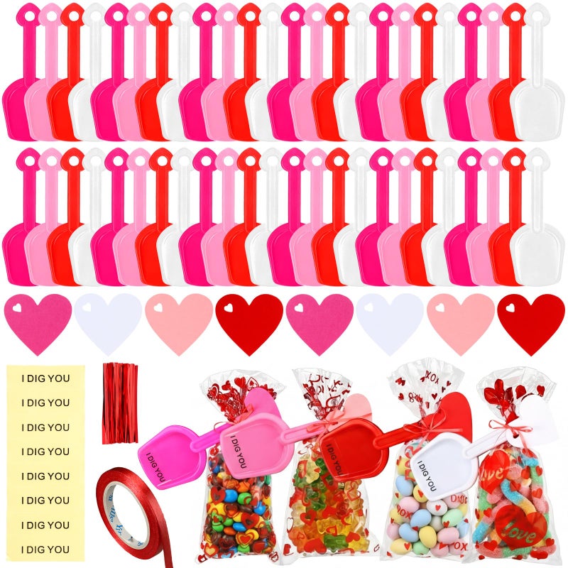 Glenmal 193 Valentines Day Plastic Shovels Toys with 48 Candy Bags 48 I Dig You Clear Stickers 48 Heart Gift Tags 1 Roll of Ribbon for Valentines Day Exchange Prizes Gifts Party Favors - Image 3