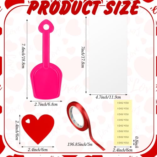 Glenmal 193 Valentines Day Plastic Shovels Toys with 48 Candy Bags 48 I Dig You Clear Stickers 48 Heart Gift Tags 1 Roll of Ribbon for Valentines Day Exchange Prizes Gifts Party Favors - Image 5