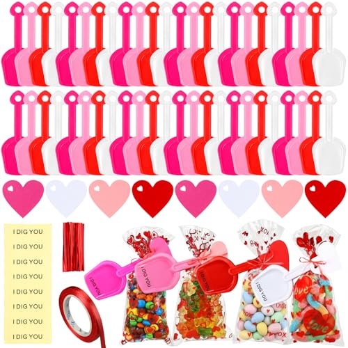 Glenmal 193 Valentines Day Plastic Shovels Toys with 48 Candy Bags 48 I Dig You Clear Stickers 48 Heart Gift Tags 1 Roll of Ribbon for Valentines Day Exchange Prizes Gifts Party Favors - Image 1