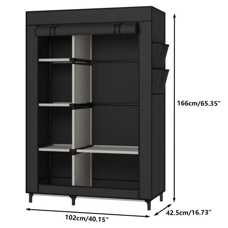 Calmootey Portable Closet Organizers, Clothing Storage, Wardrobe with 6 Shelves and Hanging Rod, Non-Woven Fabric Cover with 4 Side Pockets, Black - Image 3