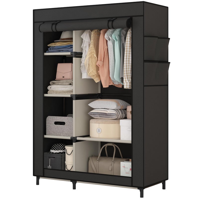 Calmootey Portable Closet Organizers, Clothing Storage, Wardrobe with 6 Shelves and Hanging Rod, Non-Woven Fabric Cover with 4 Side Pockets, Black - Image 2
