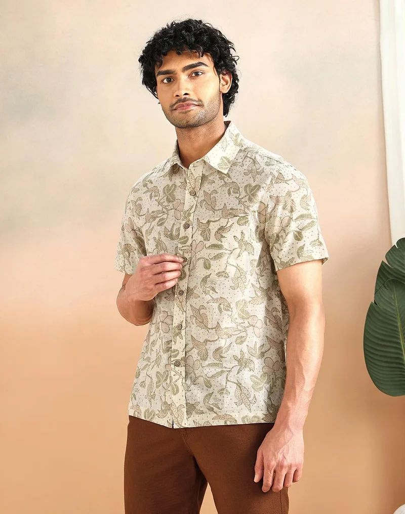 Fabindia Beige Cotton Hand Block Printed Bush Shirt