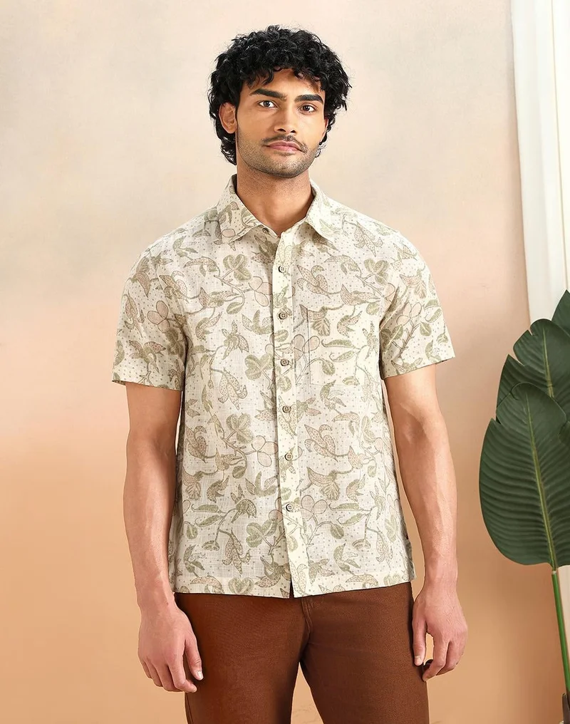 Fabindia Beige Cotton Hand Block Printed Bush Shirt