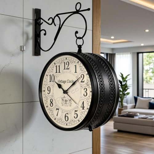 Vintage Clock Handcrafted Double Side Analog Wall Clock 1 Year Warranty / 65700-10-HH, Iron, 25x25 cm, Two Side English Number, black - Image 1