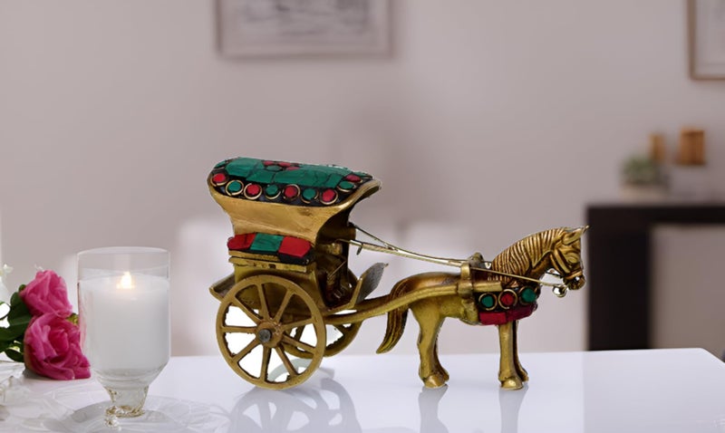 Purpledip Brass Vintage Horse Cart (Ghoda-gadi): Gemstone Overlay Collectible Showpiece (10509) - Image 1