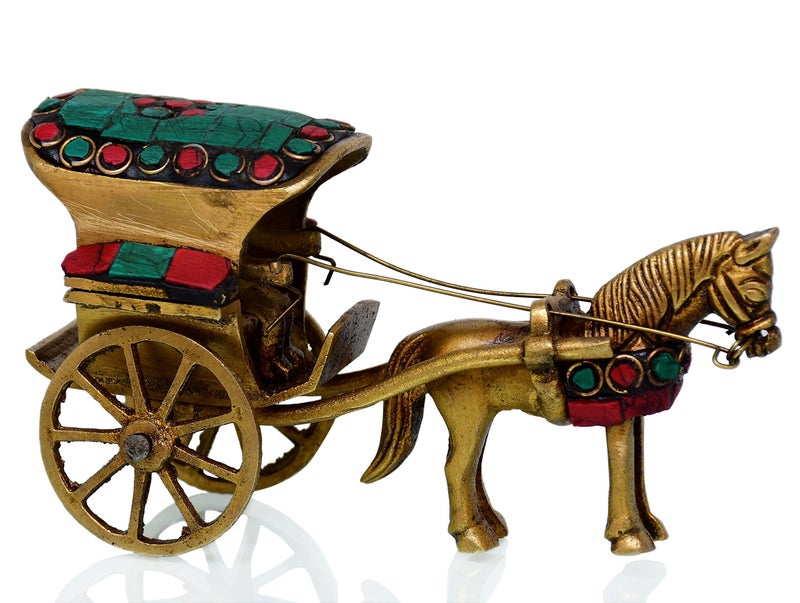 Purpledip Brass Vintage Horse Cart (Ghoda-gadi): Gemstone Overlay Collectible Showpiece (10509) - Image 2