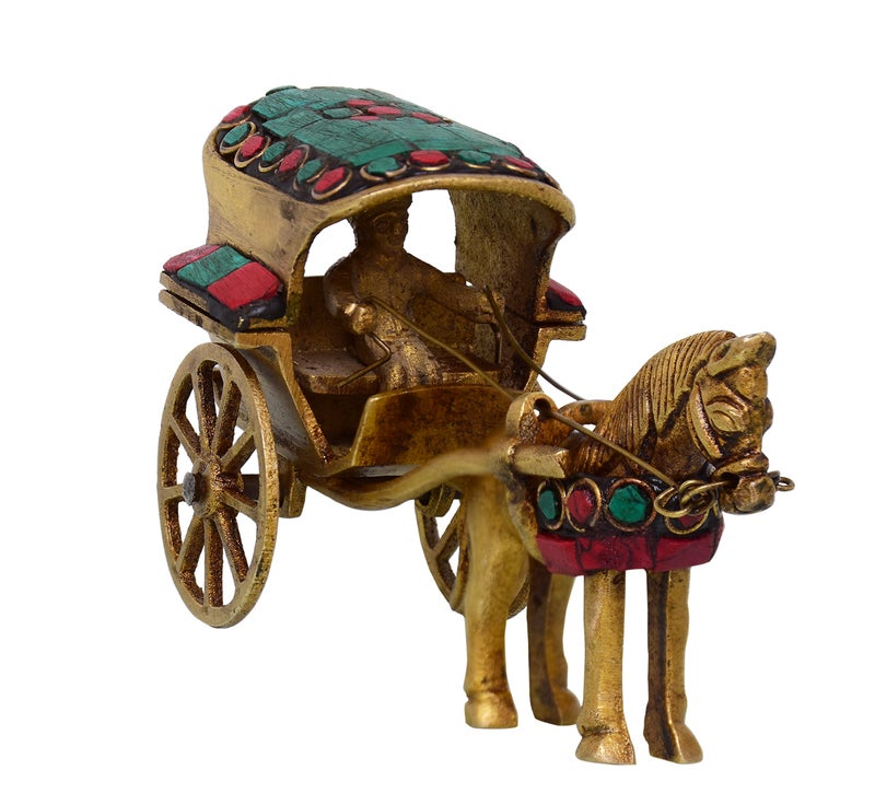 Purpledip Brass Vintage Horse Cart (Ghoda-gadi): Gemstone Overlay Collectible Showpiece (10509) - Image 3