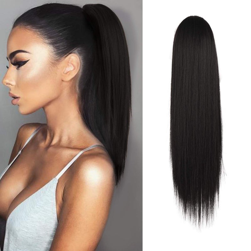 BARSDAR Dark Brown Ponytail Extension  14 Inch Short Straight Drawstring Ponytail Extensions for Women Synthetic Drawstring Clip in Pony Tails Hairpieces Fake Straight Ponytails  Darkest Brown