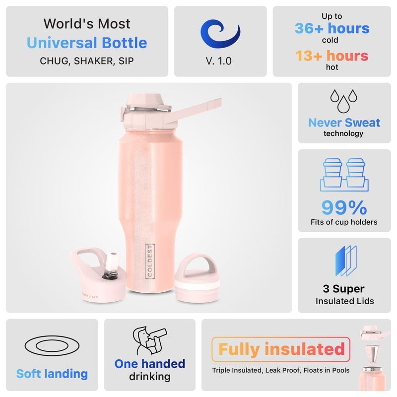 THE COLDEST WATER زجاجة مياه رياضية الأبرد - 3 في 1 أغطية (شرب، قشة، مقبض) - كوب معزول من الفولاذ المقاوم للصدأ مع مقبض - فلاسكة مياه مفرغة، هدايا عيد الحب له ولها (36 أونصة، وردي لامع للأبد) - Image 4