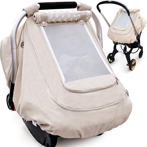 YVMVDV Waterproof Baby Car Seat Cover，YVMVDV Patented Cold Weather Carseat Cover for Babies,Infant Car Seat Cover Canopy for Boy Girls, Keeps Babies Warm and Cozy (Beige) - Image 1