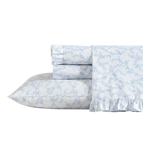 Laura Ashley Twin Size Sheet Set Crisp Lightweight Cotton Percale Bedding with Fitted Sheet and Pillowcase Floral Room Decor Deep Pocket College Dorm Room Essentials Victoria Blue - Image 1