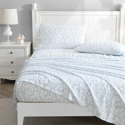 Laura Ashley Twin Size Sheet Set Crisp Lightweight Cotton Percale Bedding with Fitted Sheet and Pillowcase Floral Room Decor Deep Pocket College Dorm Room Essentials Victoria Blue - Image 3