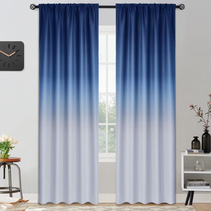 Yakamok Rod Pocket Ombre Room Darkening Curtains for Living Room Light Blocking Blue and Greyish White Gradient Curtians Thermal Insulated Window CurtainsDrapes for Bedroom2 Panels 52x84 inches