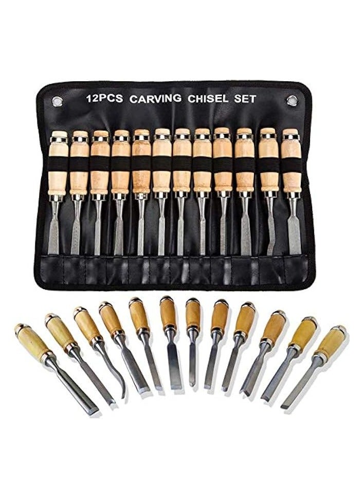 PROMASS Wood Chisel Carving Professional Carpenters Tool Set Wood Carving Tools, Professional Carving Kit Wood Carving Tools Set for Wood Fruit DIY Carving Sculpture Wax Carving 12Pcs  - Image 1