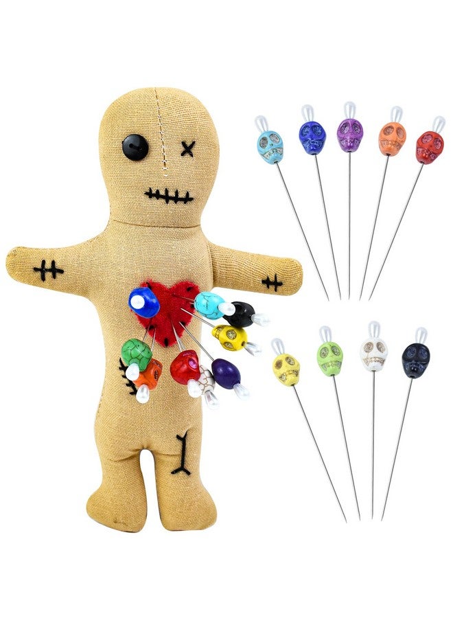 Waybas 10Pcs Voodoo Doll Kit, Real Voodoo Dolls With 9 Skull Pins Creepy Ghost Doll Revenge Spells Voodoo Doll Relieve Stress Horror Doll For Halloween Christmas Birthday Gi-Ft Ornament Decoration (Yellow) - Image 1