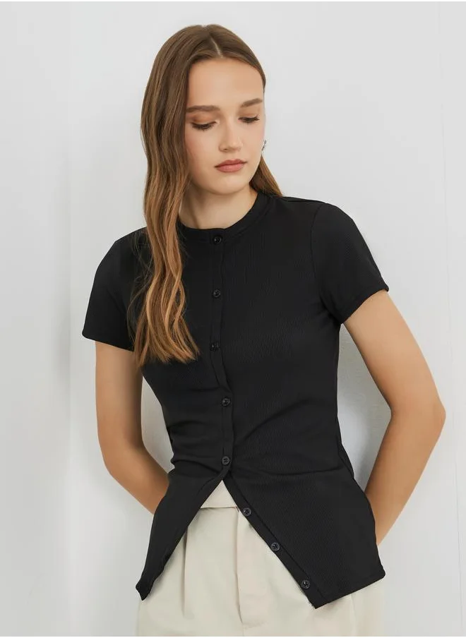 تايك تو Take Two Round Neck Short Sleeve Buttoned T-Shirt