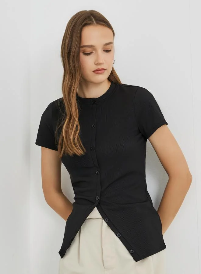 Take Two Take Two Round Neck Short Sleeve Buttoned T-Shirt