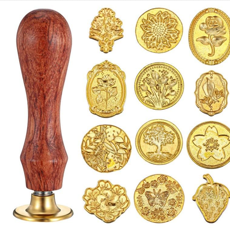 Indusoire طقم ختم الشمع 12 قطعة مع مقبض خشبي، ختم النقش لختم دعوات الزفاف، حزم الهدايا، الرسائل، الحرف بأسلوب عتيق - Image 1