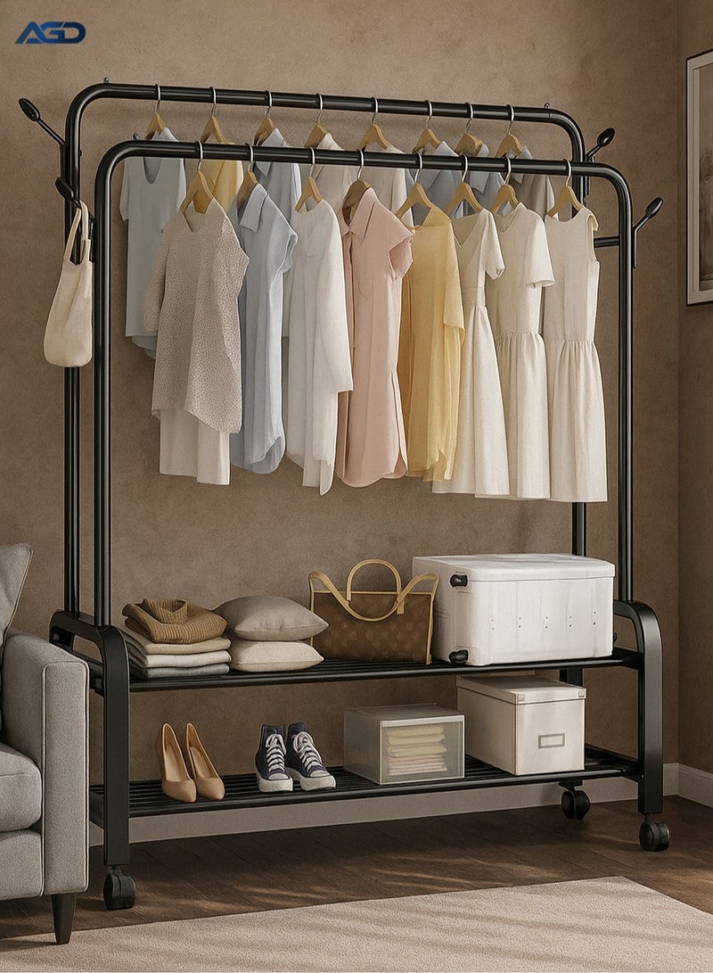 AGD Metal clothes organizer and rack, with wheels, and two shelves below for shoes and boxes, 110x57x150 cm - Image 1