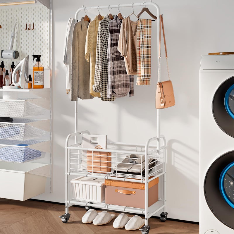 SUOERNUO Laundry Basket with Wheels Rolling Laundry Hamper Laundry Sorter Cart Shelf Hanging Rack,White - Image 3