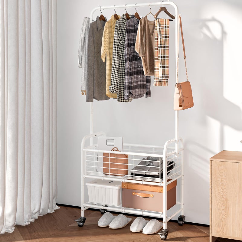 SUOERNUO Laundry Basket with Wheels Rolling Laundry Hamper Laundry Sorter Cart Shelf Hanging Rack,White - Image 2
