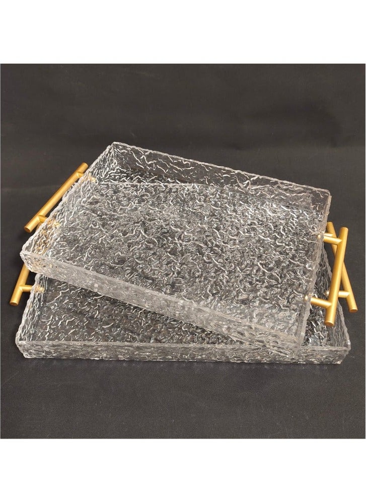 JOGAMS With Gold Polished Metal Handles wavy pattern Clear Acrylic Tray Set of 2, Decorative Serving Tray for Coffee Table, Tea, Storage Rectangular  - Image 1