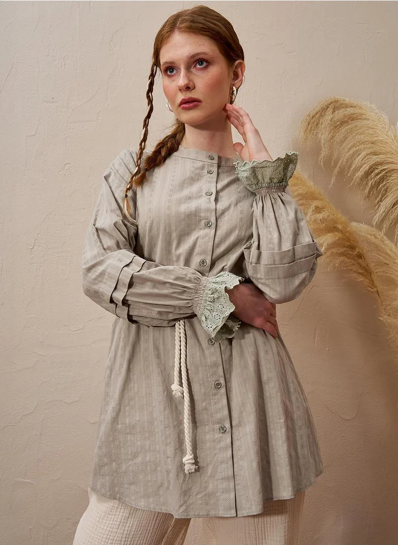 Kayra Cotton Tunic with Lace Cuffs Moss Green