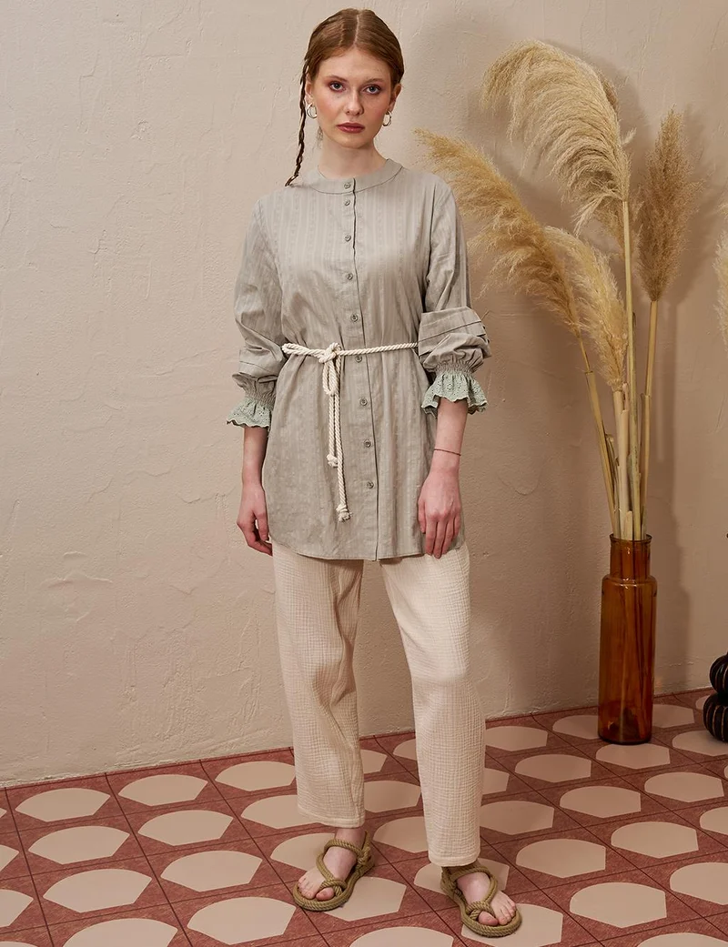 Kayra Cotton Tunic with Lace Cuffs Moss Green
