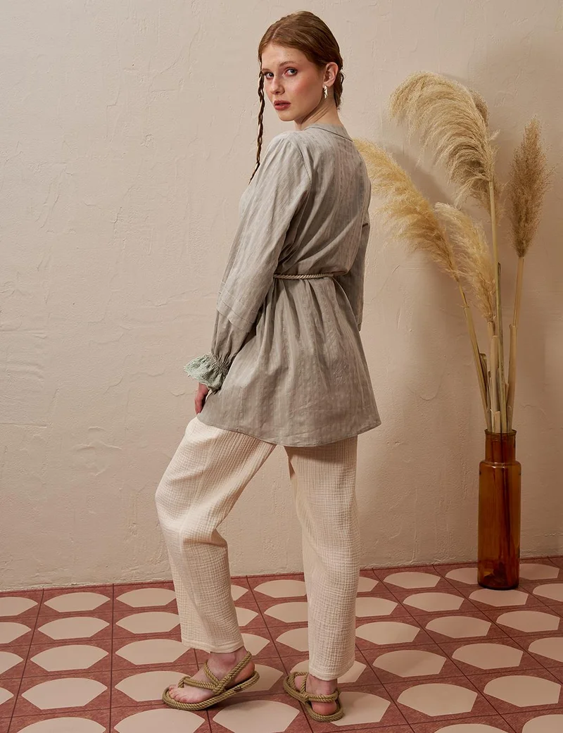 Kayra Cotton Tunic with Lace Cuffs Moss Green
