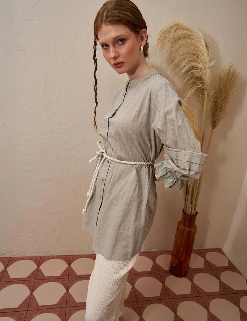 كايرا تونيك قطن بأساور دانتيل لون أخضر طحلبي