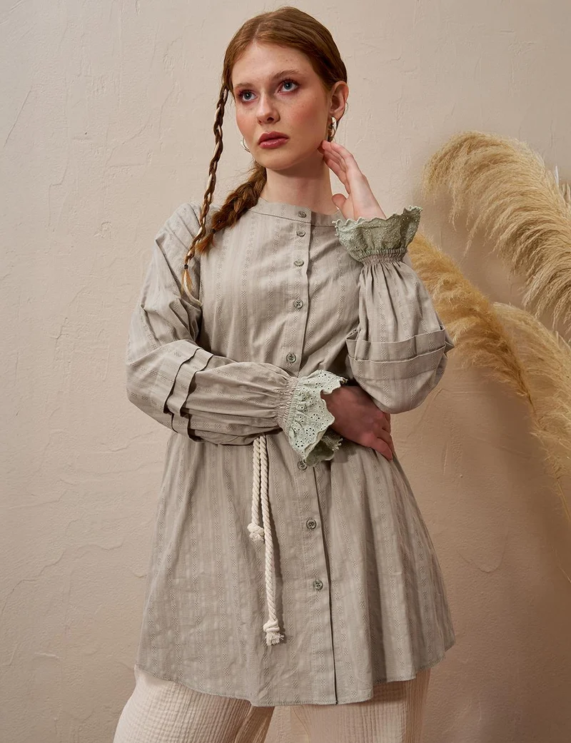 كايرا تونيك قطن بأساور دانتيل لون أخضر طحلبي