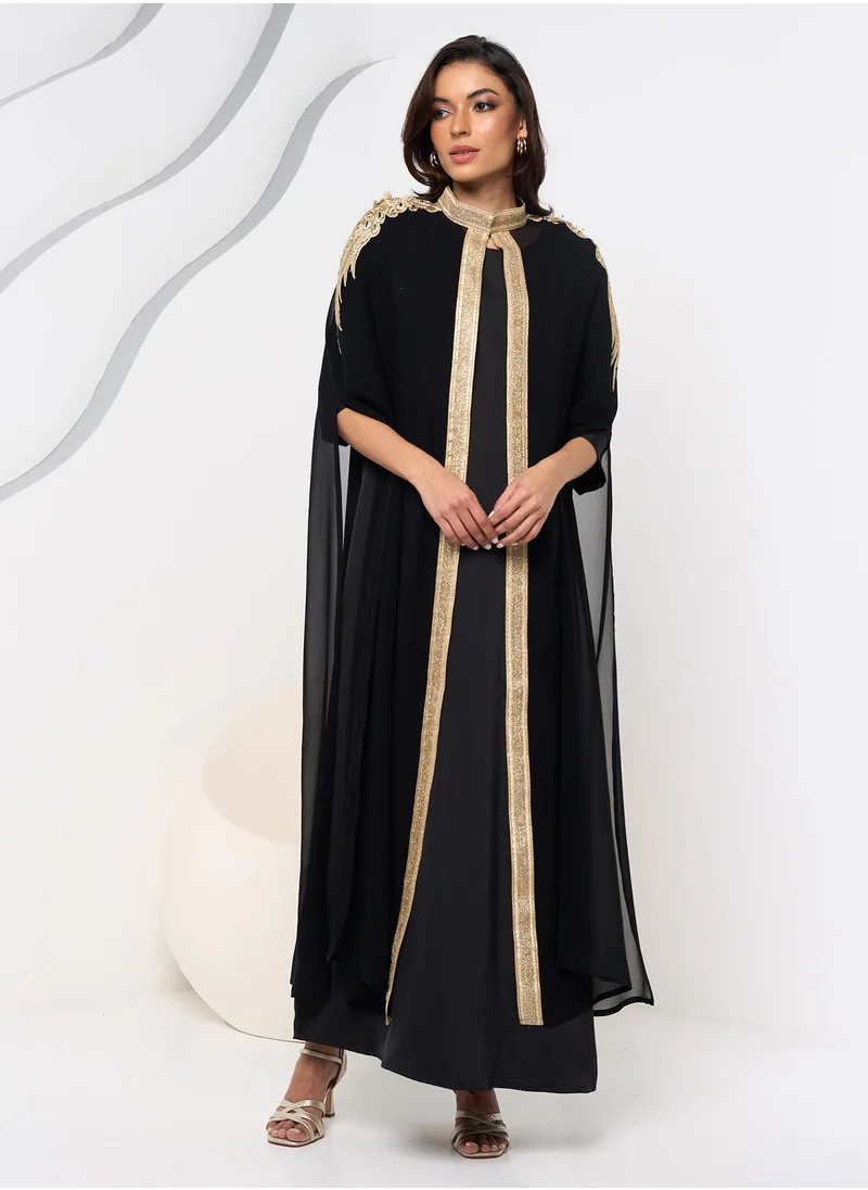 Couturelabs Black and Gold Cape Abaya with Inner Dress and Sheila