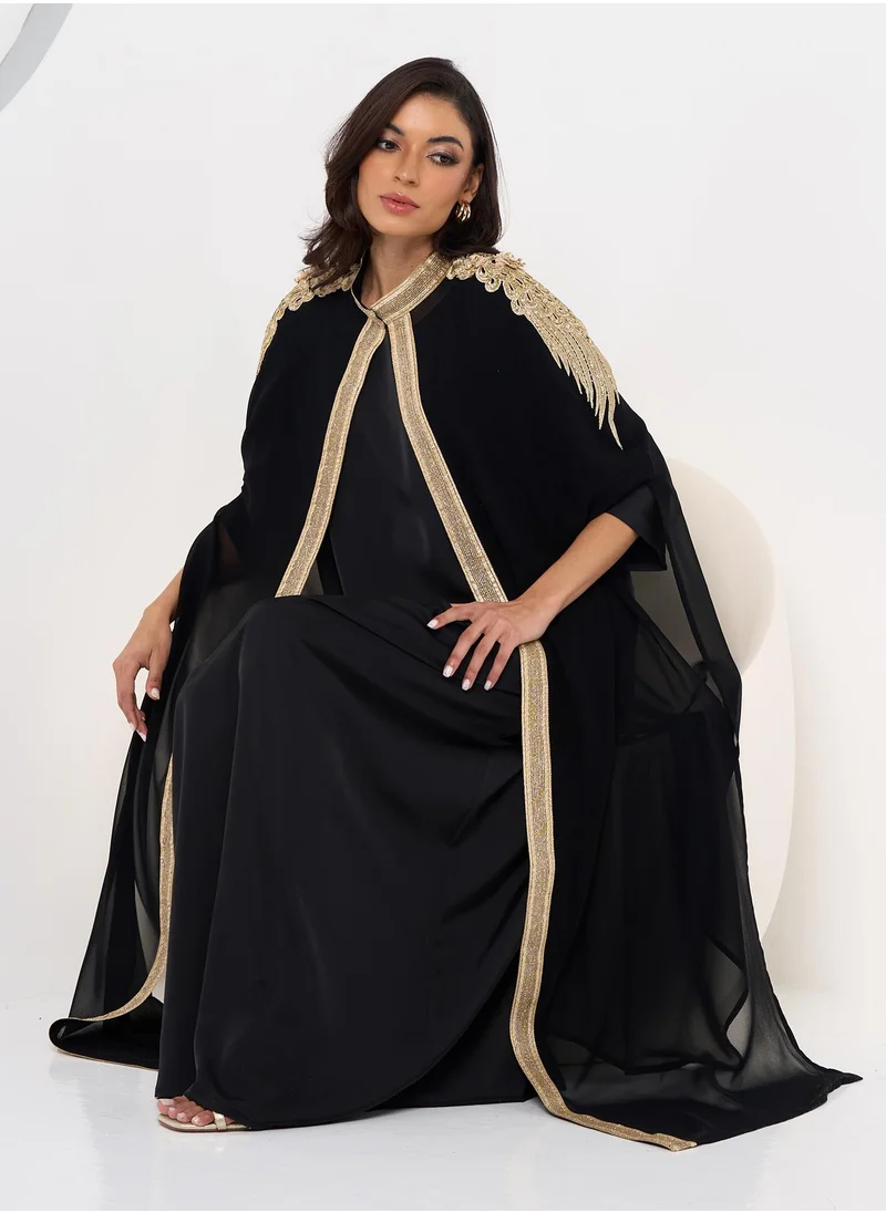 كوتور لابس Black and Gold Cape Abaya with Inner Dress and Sheila