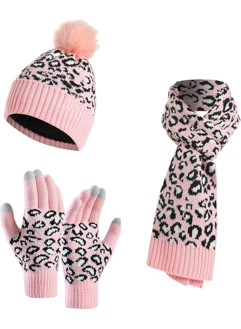 Zikra 3Pcs Winter Beanie Hat Scarf Gloves Set, Set for Men Womens Ski Cap Touch Screen Mittens Suit Couples Matching Hats for Men Women (Pink) - Image 1
