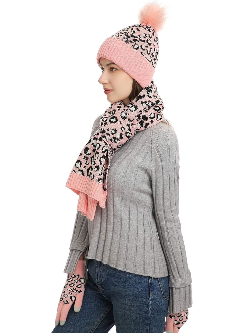 Zikra 3Pcs Winter Beanie Hat Scarf Gloves Set, Set for Men Womens Ski Cap Touch Screen Mittens Suit Couples Matching Hats for Men Women (Pink) - Image 3