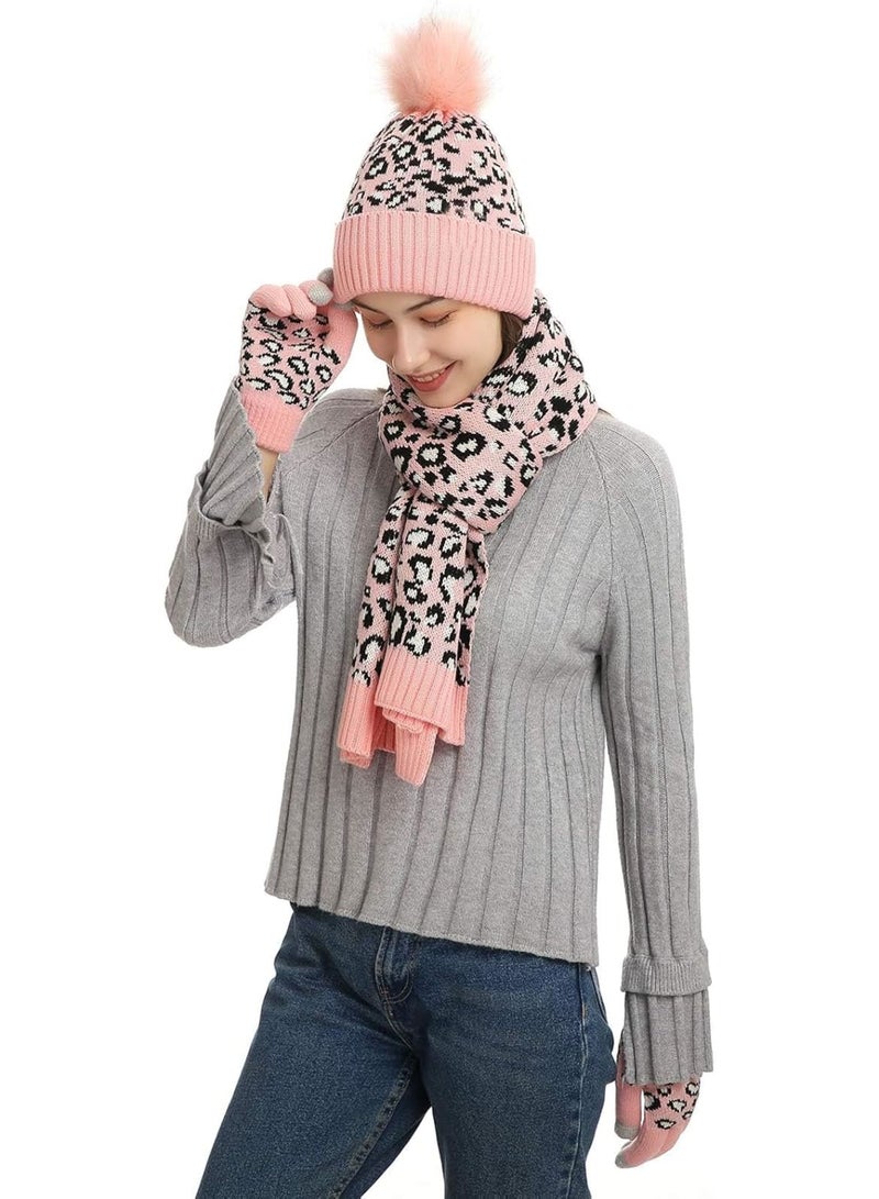 Zikra 3Pcs Winter Beanie Hat Scarf Gloves Set, Set for Men Womens Ski Cap Touch Screen Mittens Suit Couples Matching Hats for Men Women (Pink) - Image 2